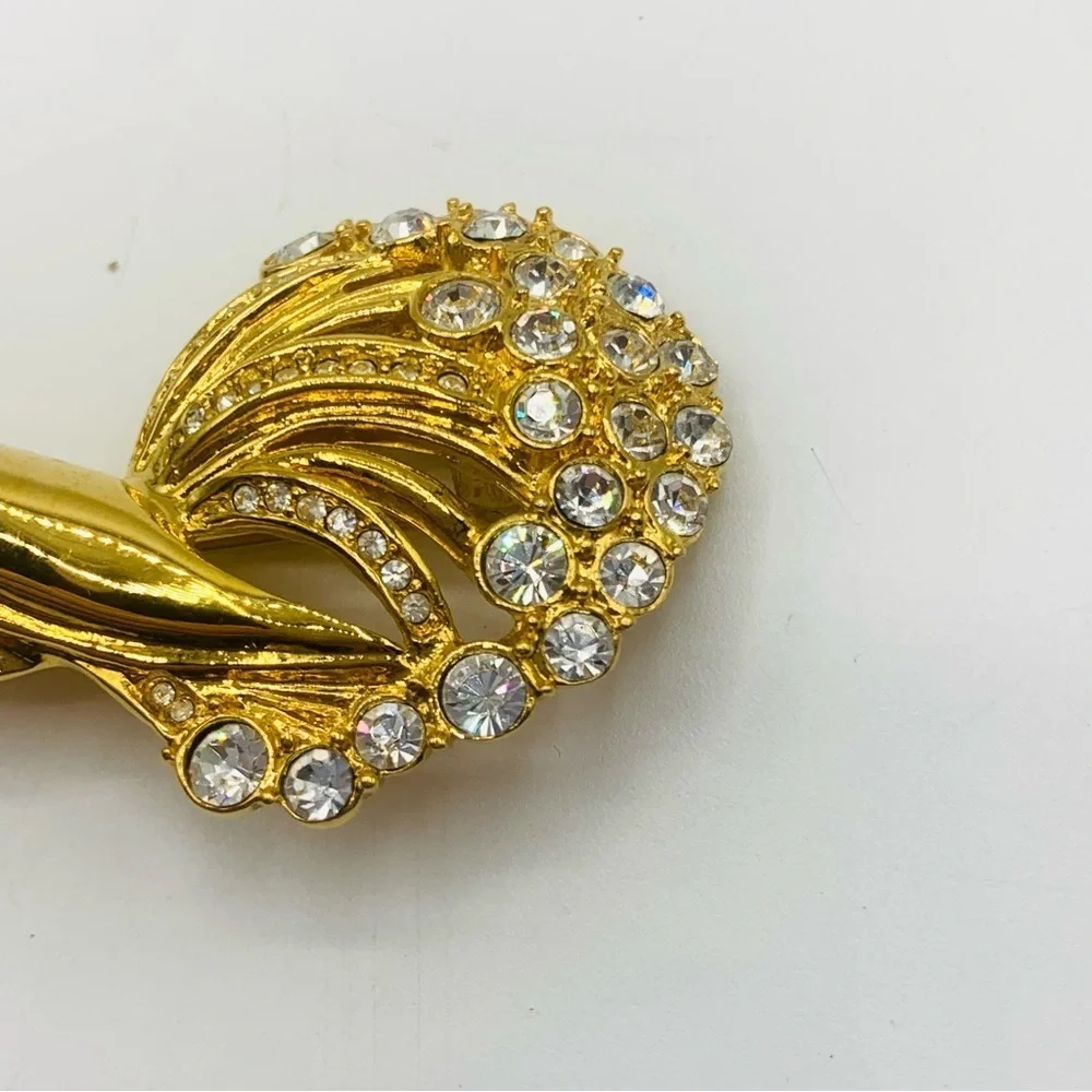 Vintage Monet Gold Rhinestone Swirl Brooch Pin Abstract